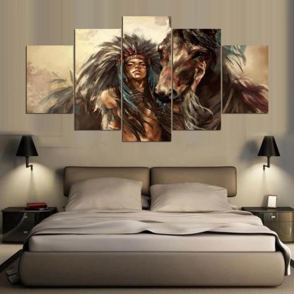 American Indian Girl 5 Piece HD Multi Panel Canvas Wall Art Frame-Original Frame