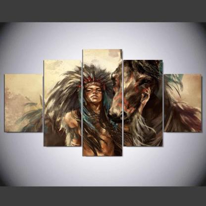 American Indian Girl 5 Piece HD Multi Panel Canvas Wall Art Frame-Original Frame