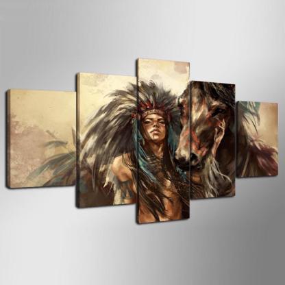 American Indian Girl 5 Piece HD Multi Panel Canvas Wall Art Frame-Original Frame
