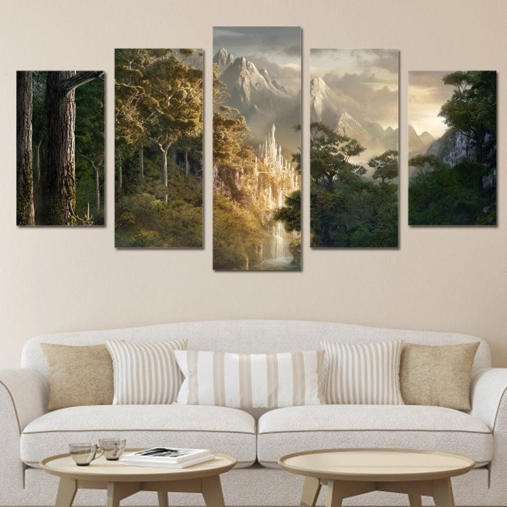 High Mountain Trees Landscape 5 Piece HD Multi Panel Canvas Wall Art Frame-Original Frame