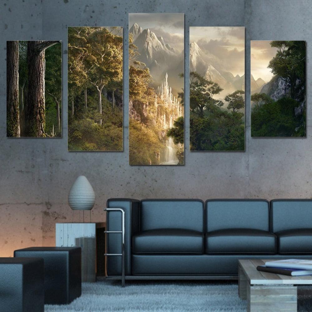 High Mountain Trees Landscape 5 Piece HD Multi Panel Canvas Wall Art Frame-Original Frame