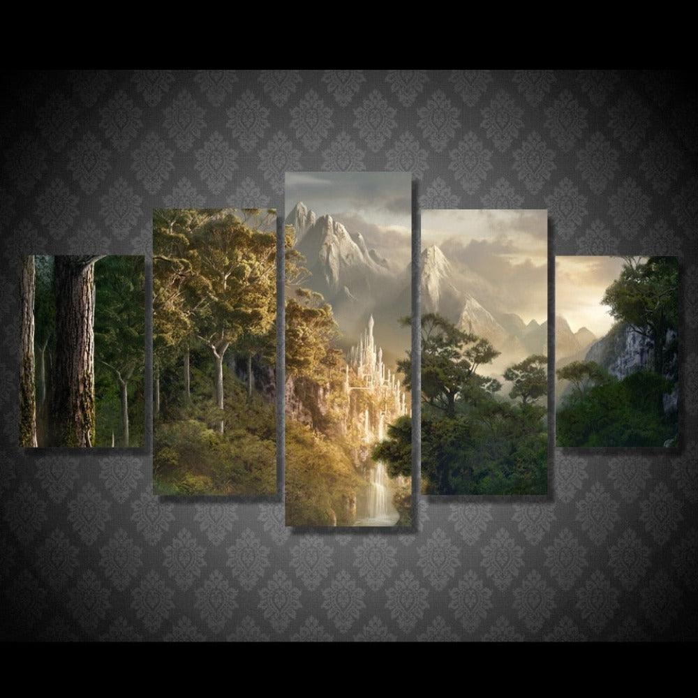 High Mountain Trees Landscape 5 Piece HD Multi Panel Canvas Wall Art Frame-Original Frame