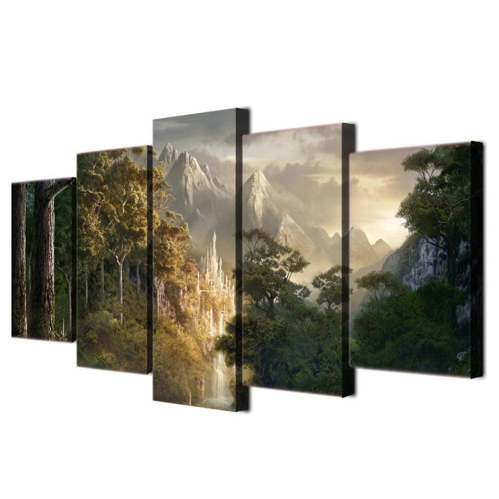 High Mountain Trees Landscape 5 Piece HD Multi Panel Canvas Wall Art Frame-Original Frame