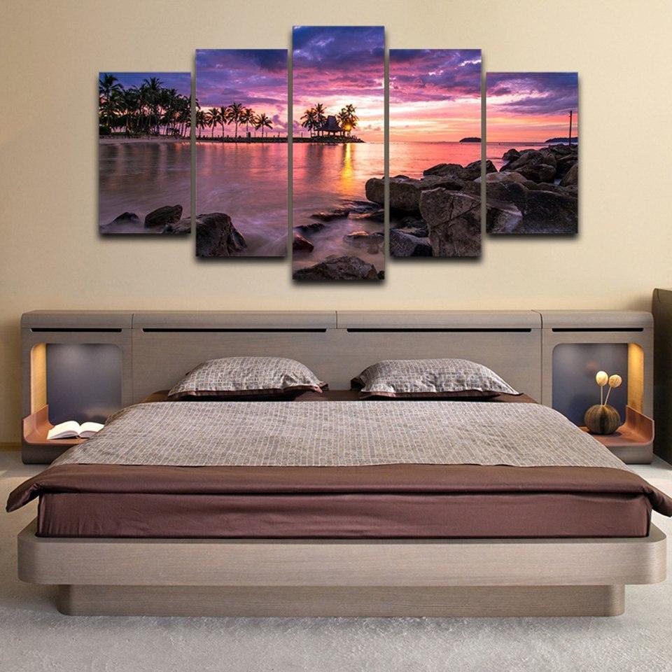 Tropical Beach Sunset 5 Piece HD Multi Panel Canvas Wall Art Frame-Original Frame