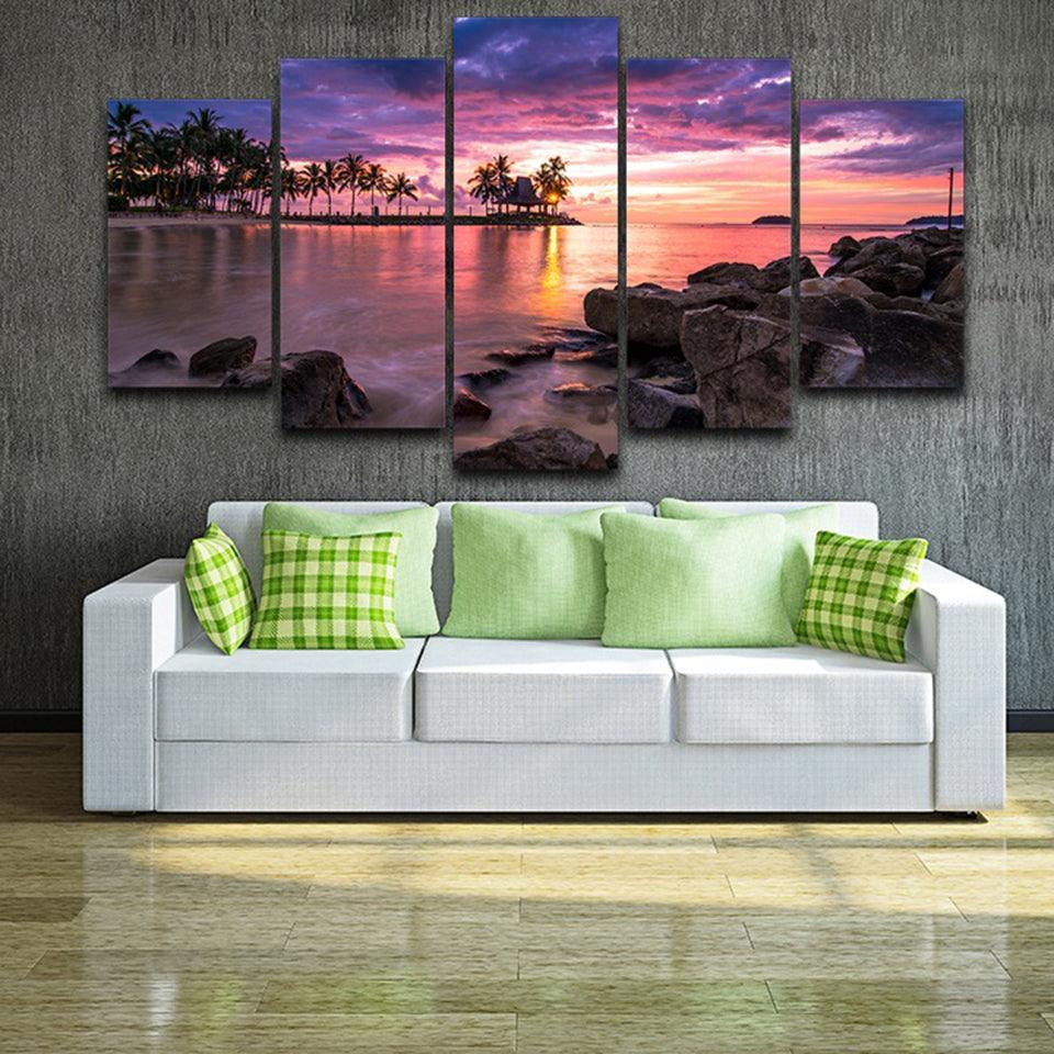 Tropical Beach Sunset 5 Piece HD Multi Panel Canvas Wall Art Frame-Original Frame