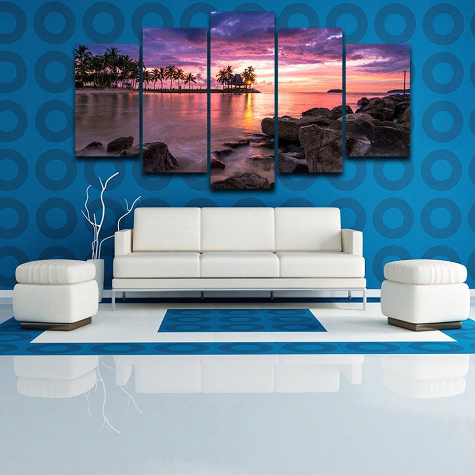 Tropical Beach Sunset 5 Piece HD Multi Panel Canvas Wall Art Frame-Original Frame