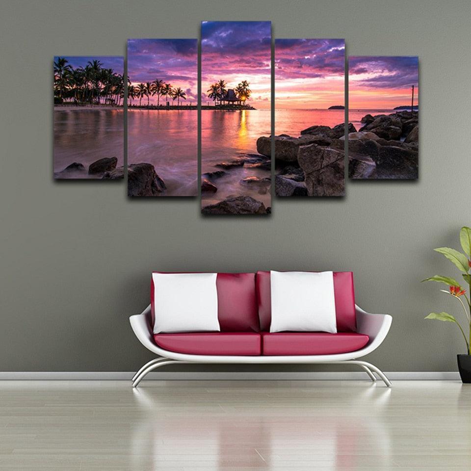 Tropical Beach Sunset 5 Piece HD Multi Panel Canvas Wall Art Frame-Original Frame