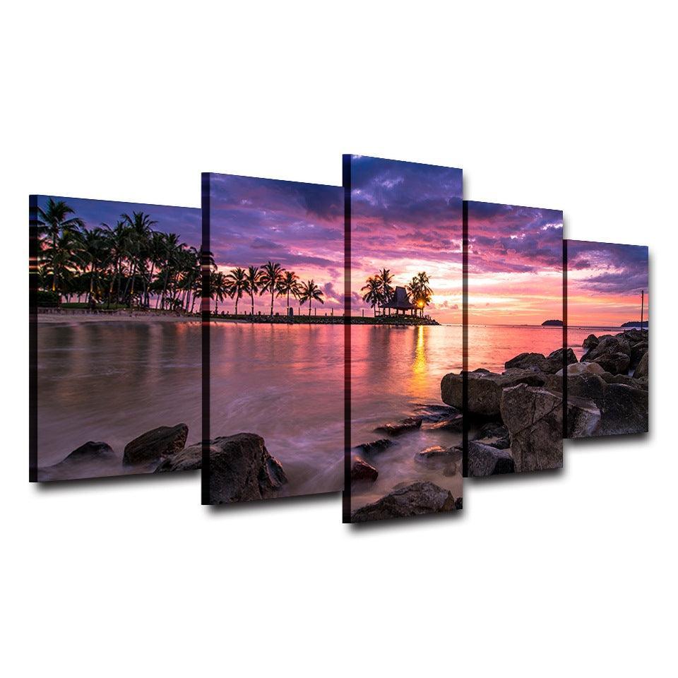 Tropical Beach Sunset 5 Piece HD Multi Panel Canvas Wall Art Frame-Original Frame