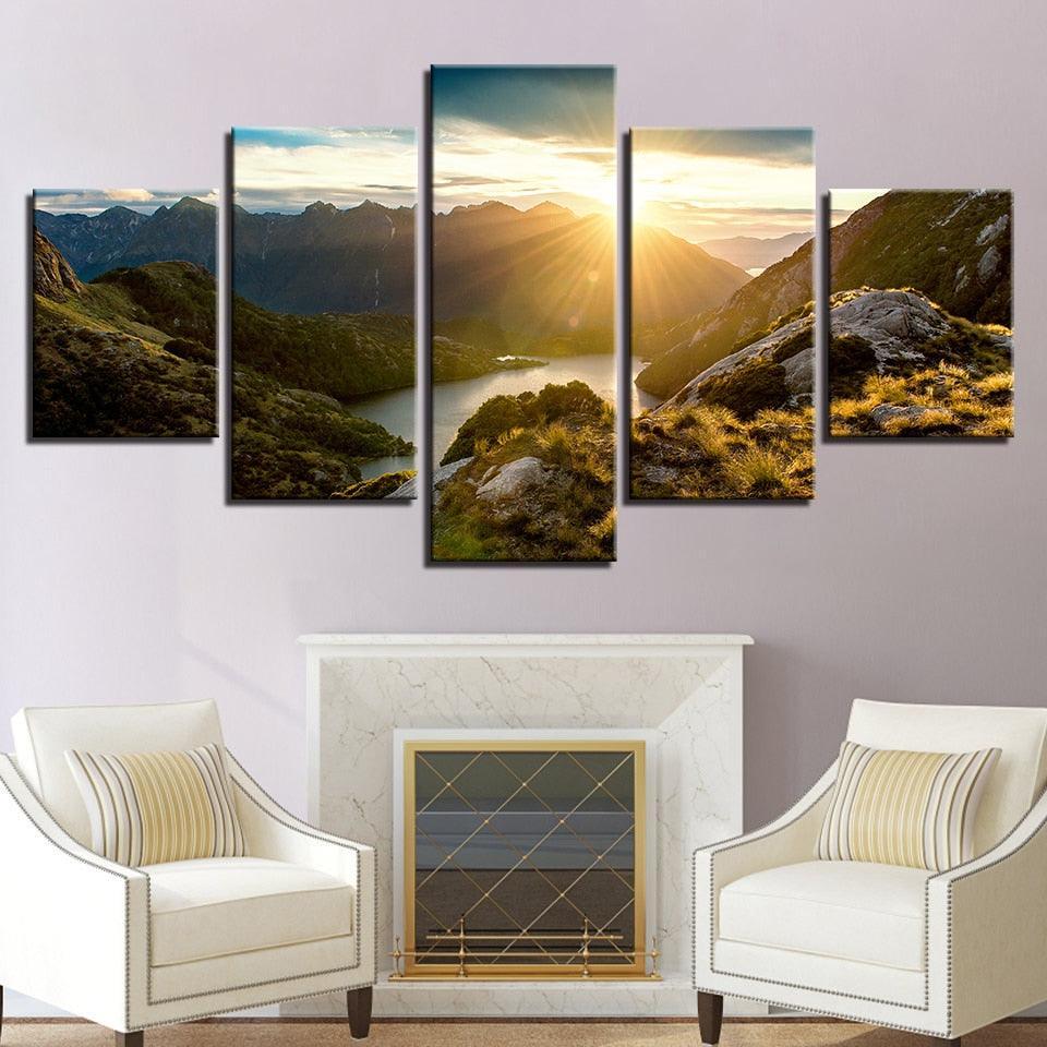 Sunshine Mountains 5 Piece HD Multi Panel Canvas Wall Art Frame-Original Frame