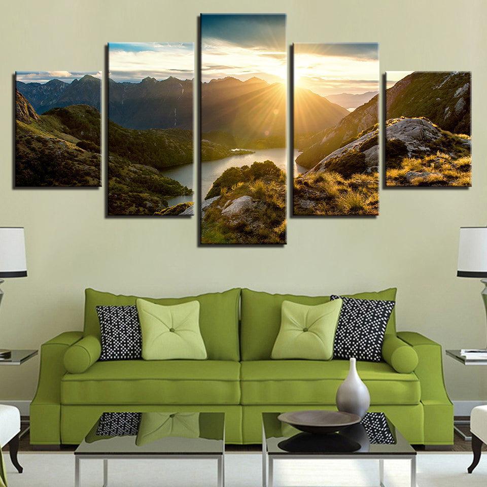 Sunshine Mountains 5 Piece HD Multi Panel Canvas Wall Art Frame-Original Frame