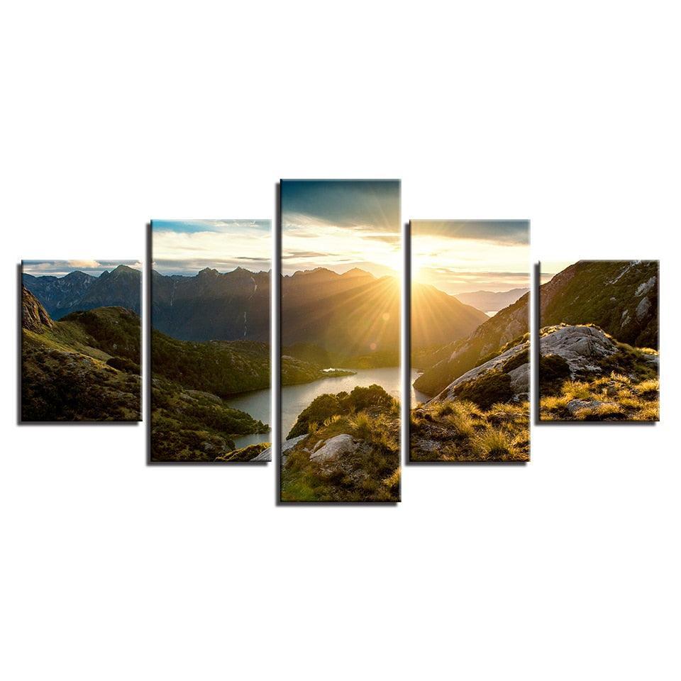Sunshine Mountains 5 Piece HD Multi Panel Canvas Wall Art Frame-Original Frame
