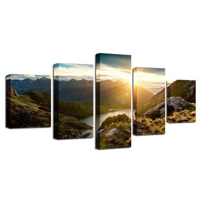 Sunshine Mountains 5 Piece HD Multi Panel Canvas Wall Art Frame-Original Frame