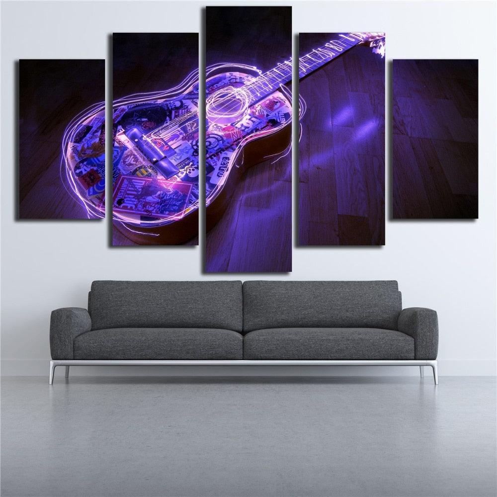 Purple Guitar 5 Piece HD Multi Panel Canvas Wall Art-Original Frame