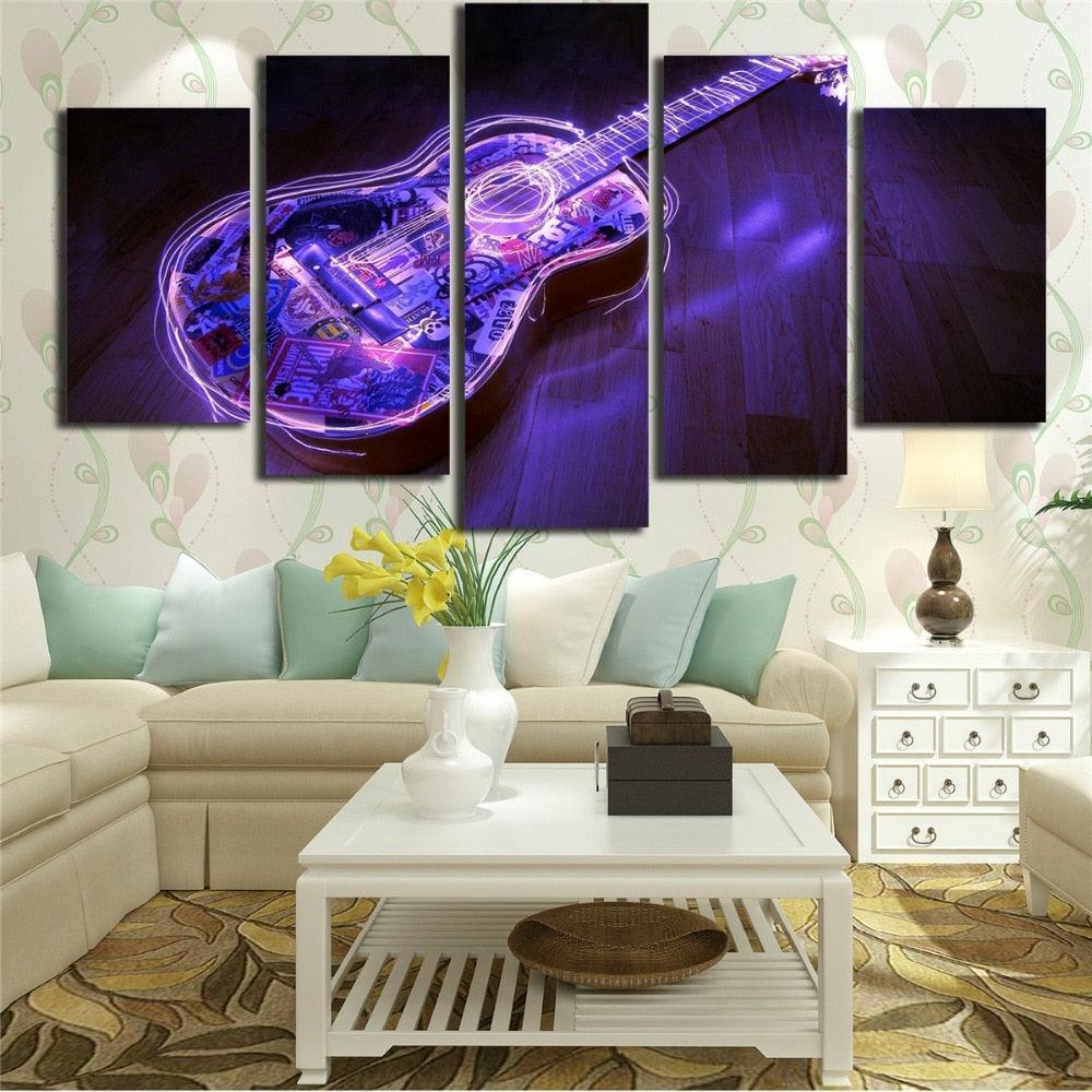 Purple Guitar 5 Piece HD Multi Panel Canvas Wall Art-Original Frame