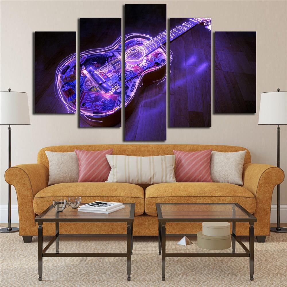 Purple Guitar 5 Piece HD Multi Panel Canvas Wall Art-Original Frame
