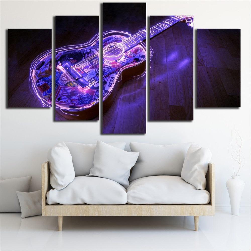 Purple Guitar 5 Piece HD Multi Panel Canvas Wall Art-Original Frame