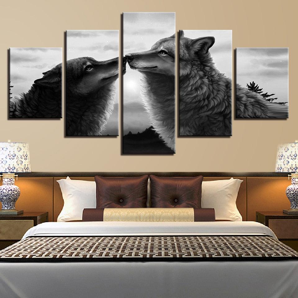Black Wolves 5 Piece HD Multi Panel Canvas Wall Art Frame-Original Frame