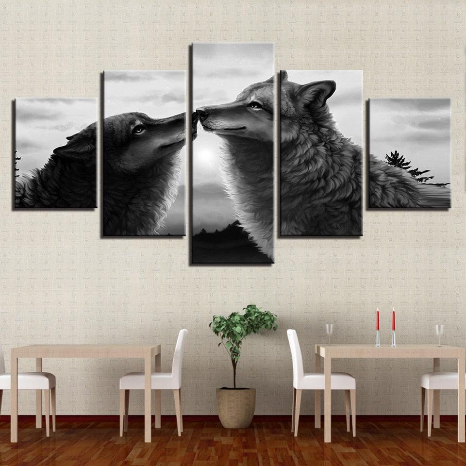 Black Wolves 5 Piece HD Multi Panel Canvas Wall Art Frame-Original Frame