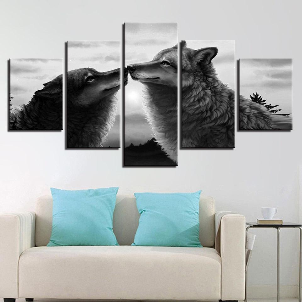 Black Wolves 5 Piece HD Multi Panel Canvas Wall Art Frame-Original Frame