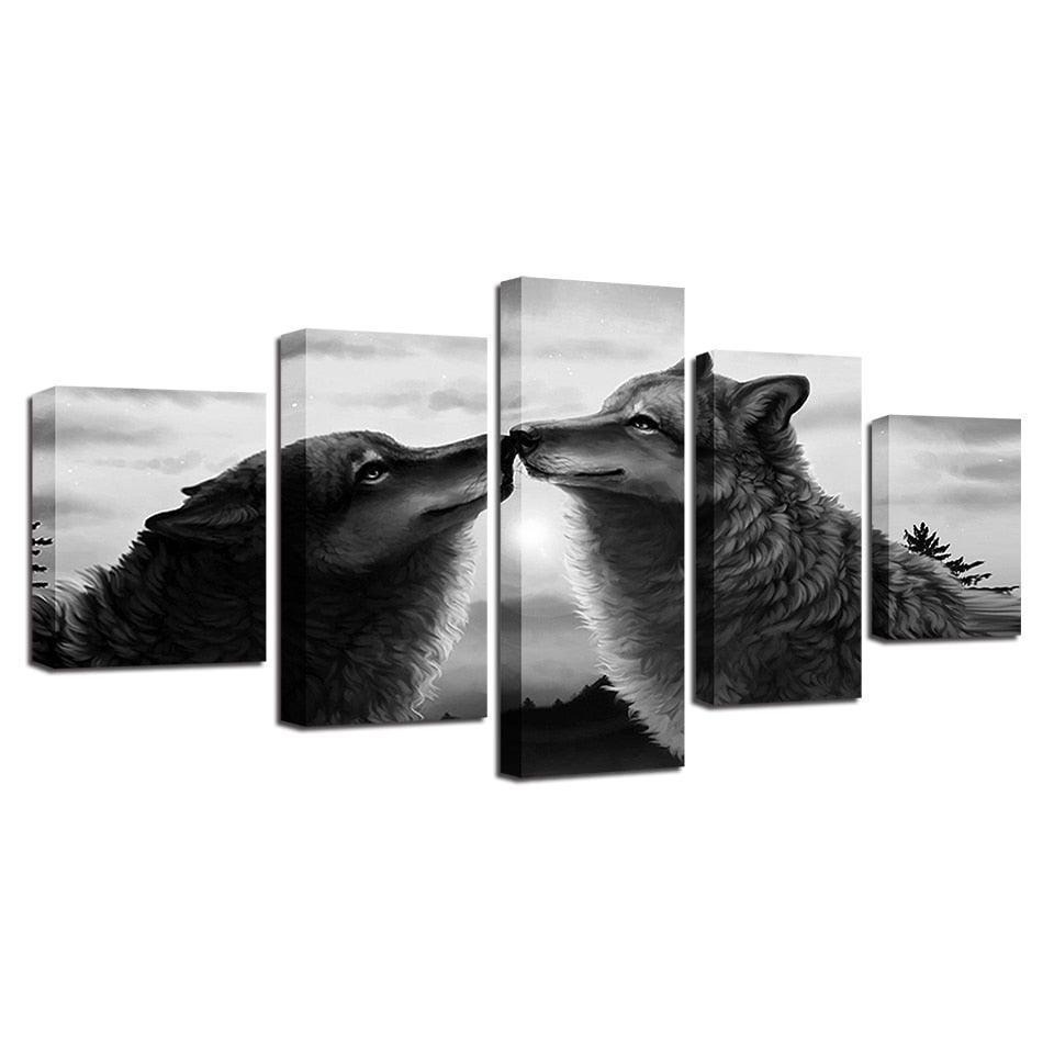 Black Wolves 5 Piece HD Multi Panel Canvas Wall Art Frame-Original Frame
