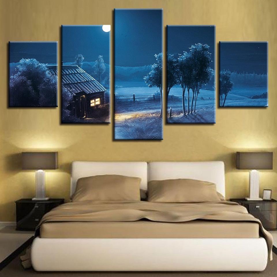 Dim Moon Night View 5 Piece HD Multi Panel Canvas Wall Art Frame-Original Frame