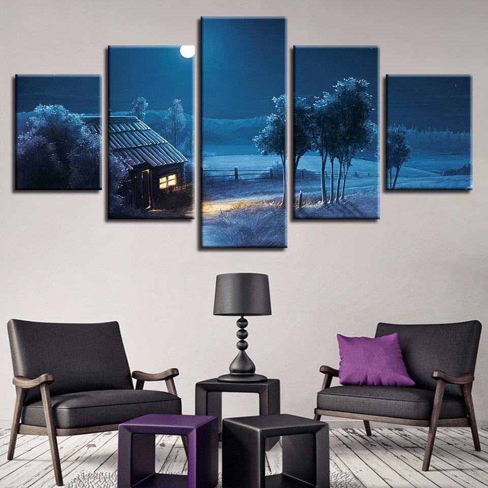Dim Moon Night View 5 Piece HD Multi Panel Canvas Wall Art Frame-Original Frame