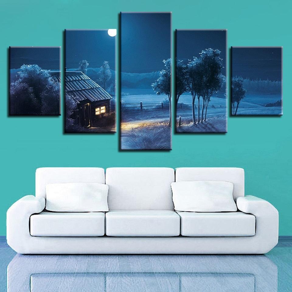 Dim Moon Night View 5 Piece HD Multi Panel Canvas Wall Art Frame-Original Frame
