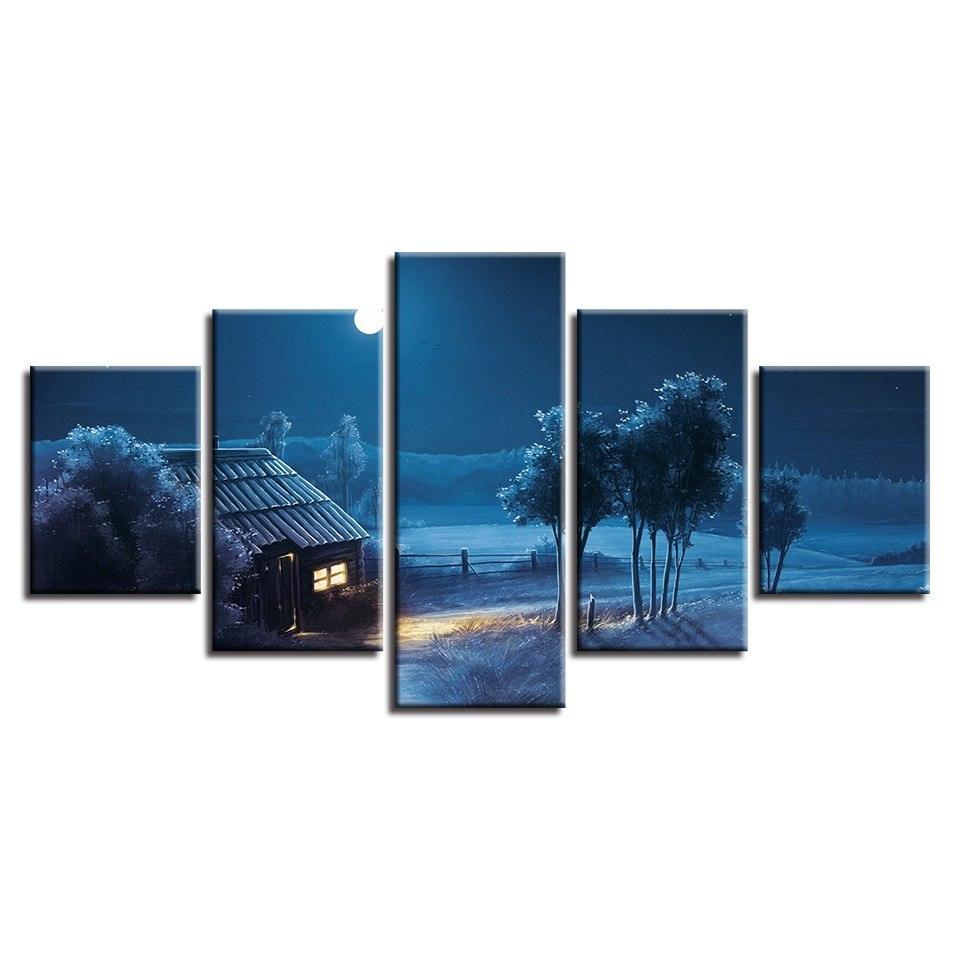 Dim Moon Night View 5 Piece HD Multi Panel Canvas Wall Art Frame-Original Frame