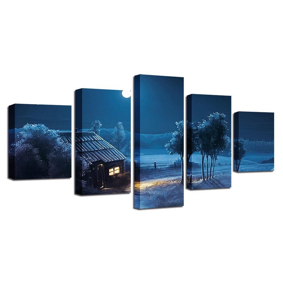 Dim Moon Night View 5 Piece HD Multi Panel Canvas Wall Art Frame-Original Frame