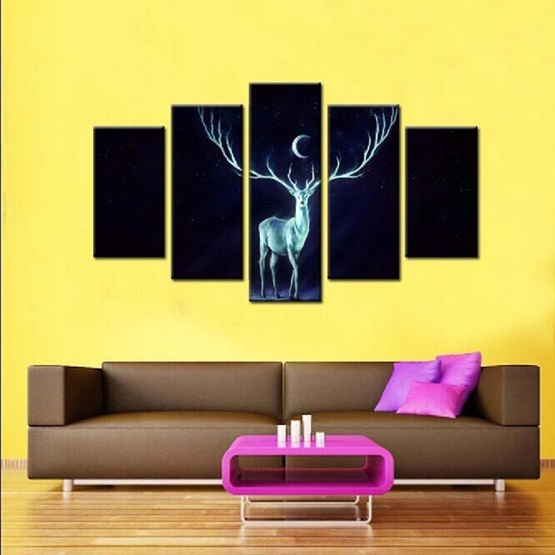 Deer At Night 5 Piece HD Multi Panel Canvas Wall Art Frame-Original Frame