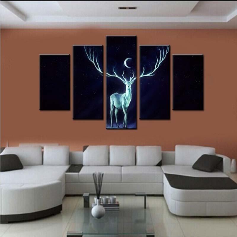 Deer At Night 5 Piece HD Multi Panel Canvas Wall Art Frame-Original Frame