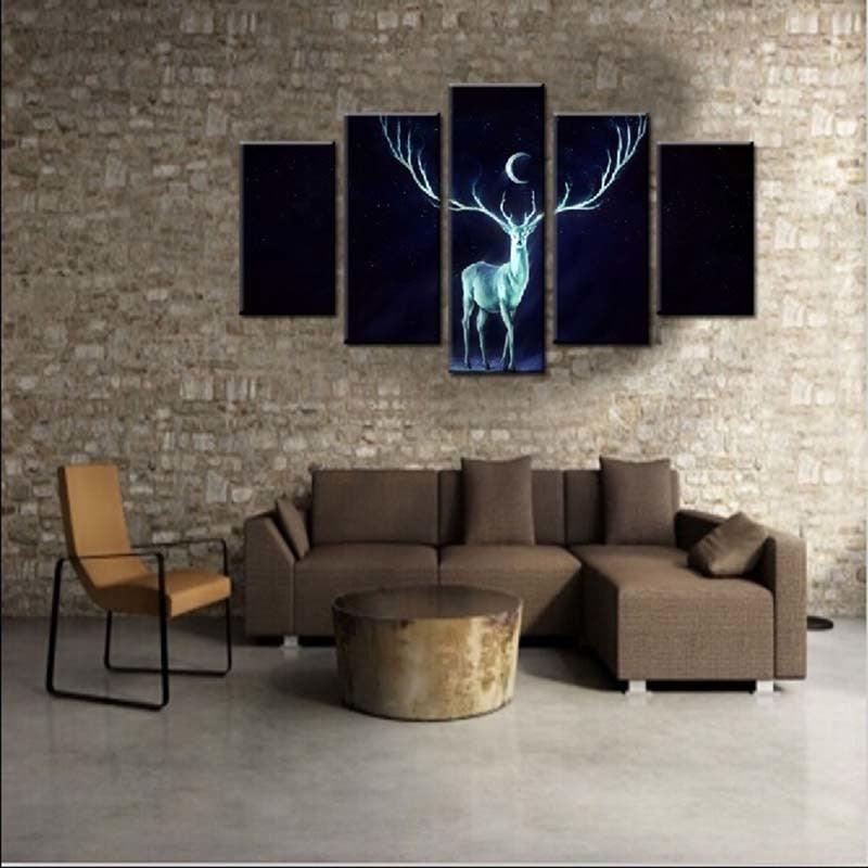 Deer At Night 5 Piece HD Multi Panel Canvas Wall Art Frame-Original Frame