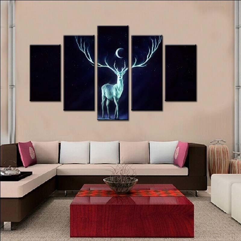 Deer At Night 5 Piece HD Multi Panel Canvas Wall Art Frame-Original Frame