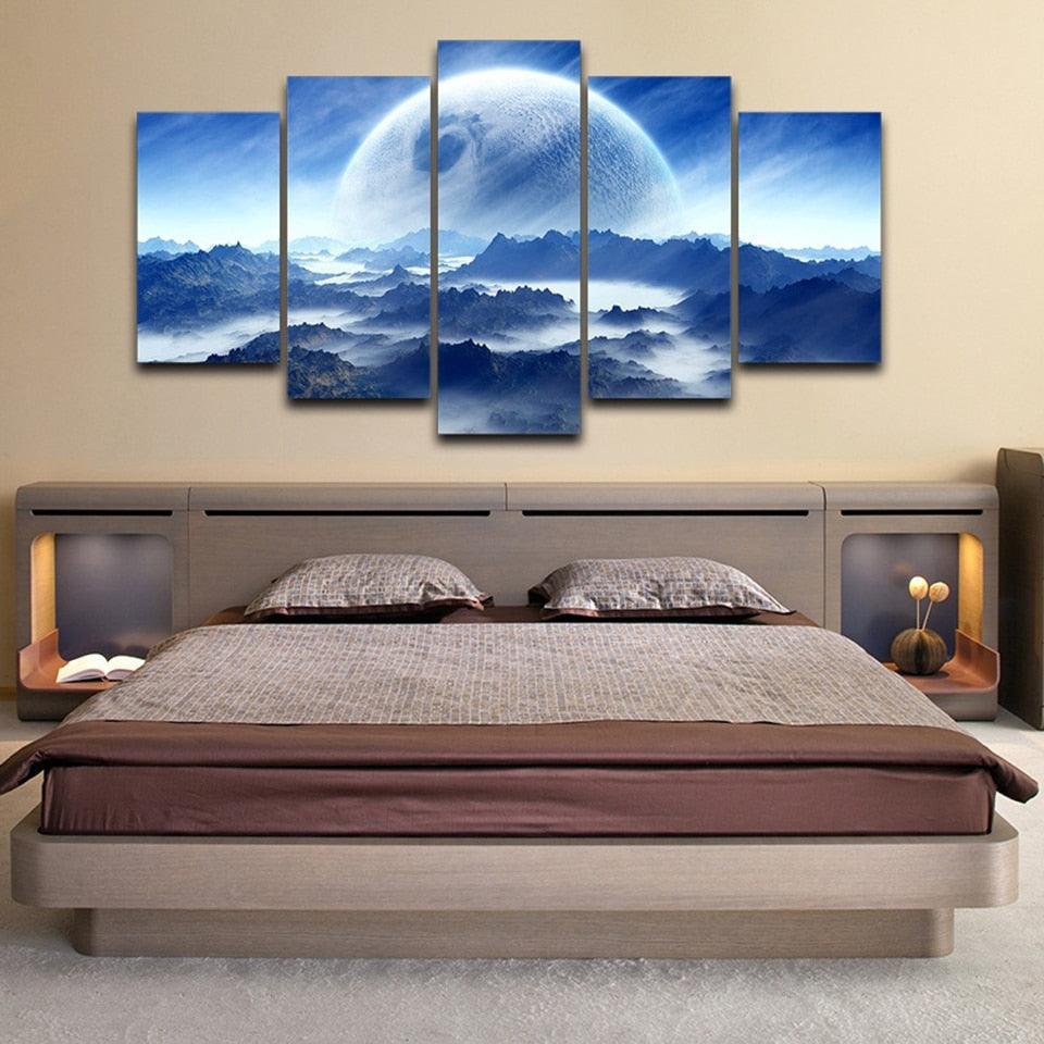 Moon Planet Space Mountains 5 Piece HD Multi Panel Canvas Wall Art Frame-Original Frame
