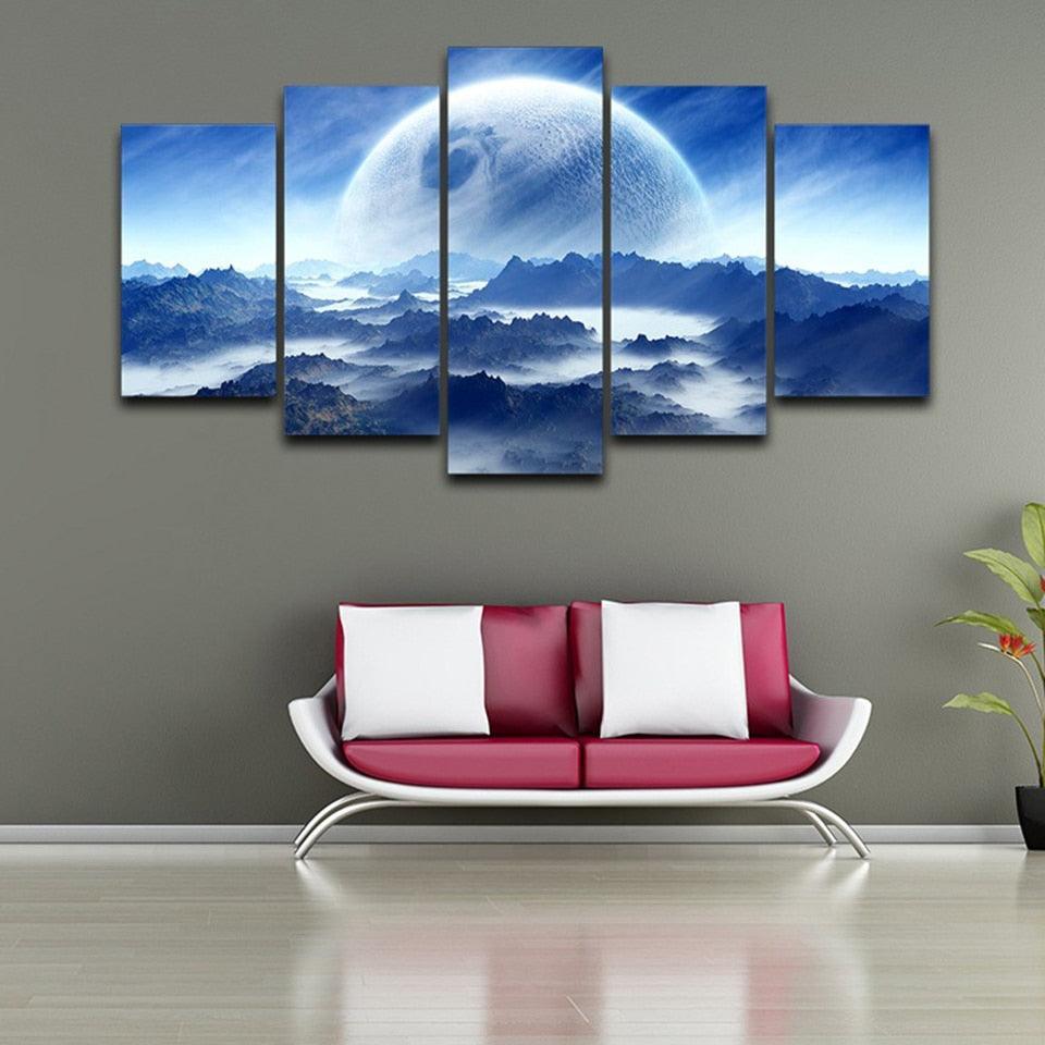 Moon Planet Space Mountains 5 Piece HD Multi Panel Canvas Wall Art Frame-Original Frame