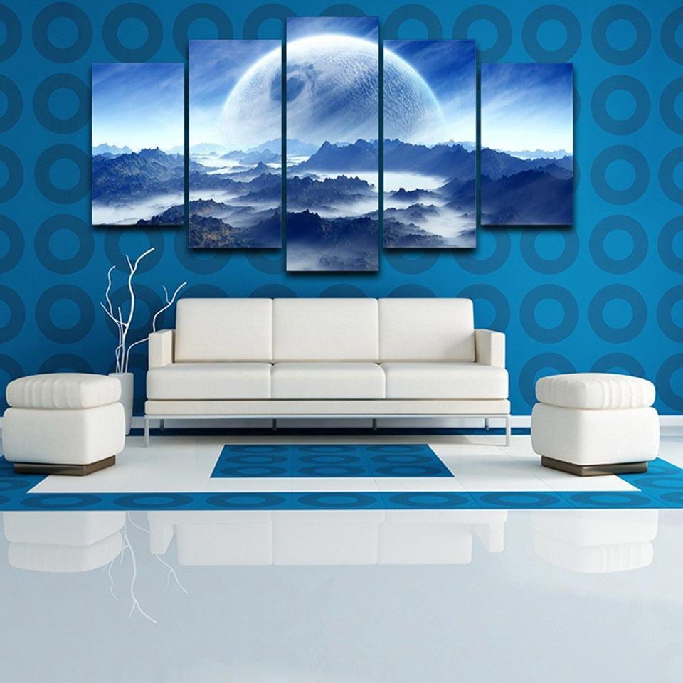 Moon Planet Space Mountains 5 Piece HD Multi Panel Canvas Wall Art Frame-Original Frame
