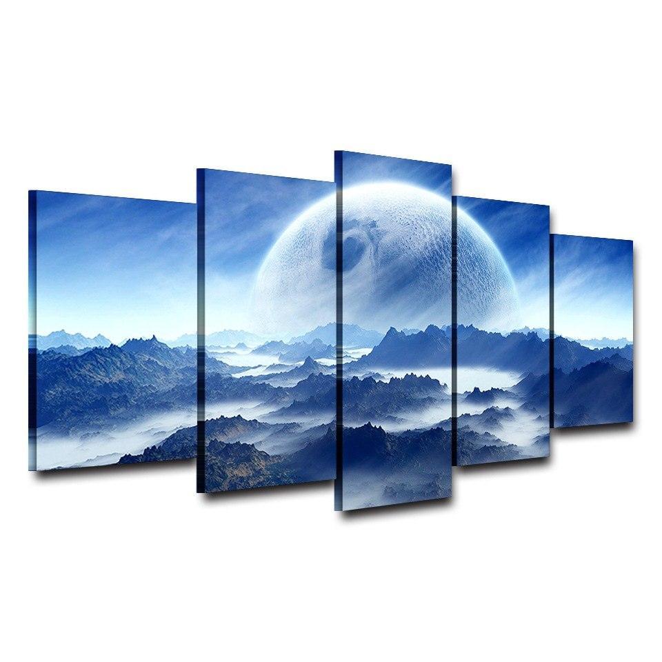 Moon Planet Space Mountains 5 Piece HD Multi Panel Canvas Wall Art Frame-Original Frame