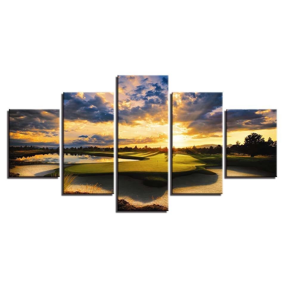 Golf Course Scenery 5 Piece HD Multi Panel Canvas Wall Art Frame-Original Frame