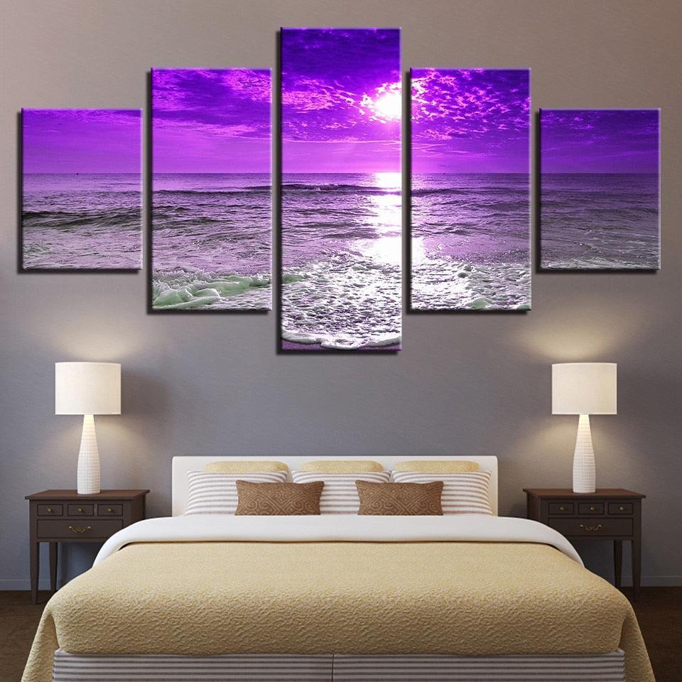 Sunset Sea Waves 5 Piece HD Multi Panel Canvas Wall Art Frame-Original Frame
