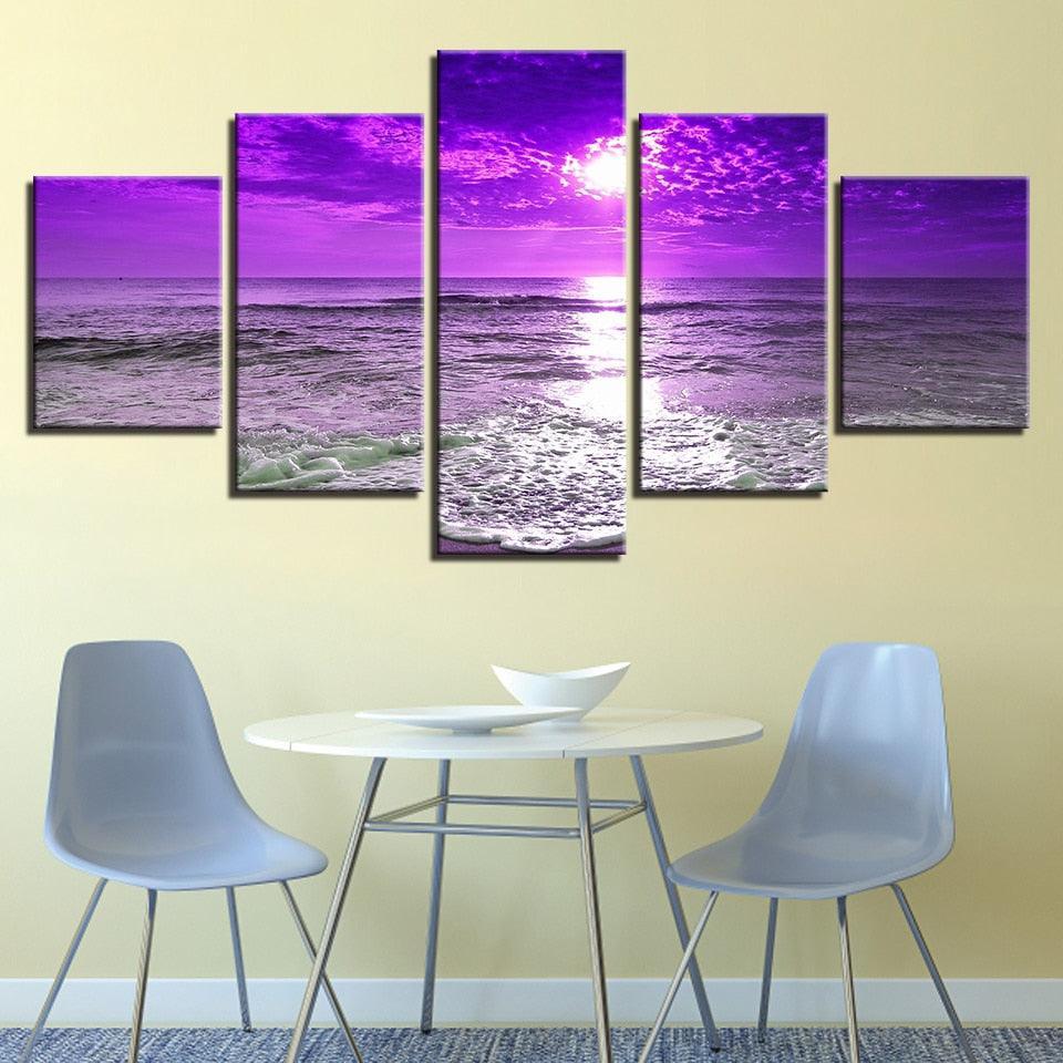 Sunset Sea Waves 5 Piece HD Multi Panel Canvas Wall Art Frame-Original Frame