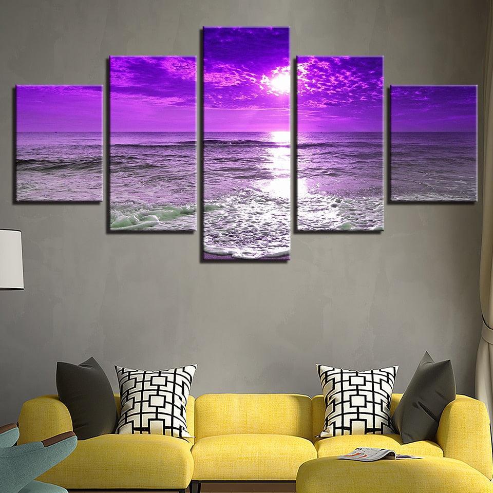 Sunset Sea Waves 5 Piece HD Multi Panel Canvas Wall Art Frame-Original Frame