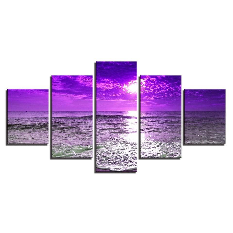 Sunset Sea Waves 5 Piece HD Multi Panel Canvas Wall Art Frame-Original Frame