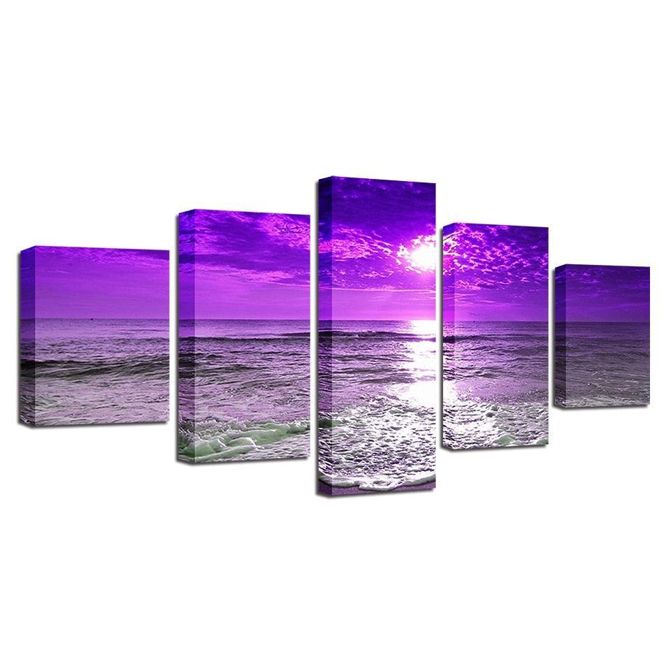 Sunset Sea Waves 5 Piece HD Multi Panel Canvas Wall Art Frame-Original Frame