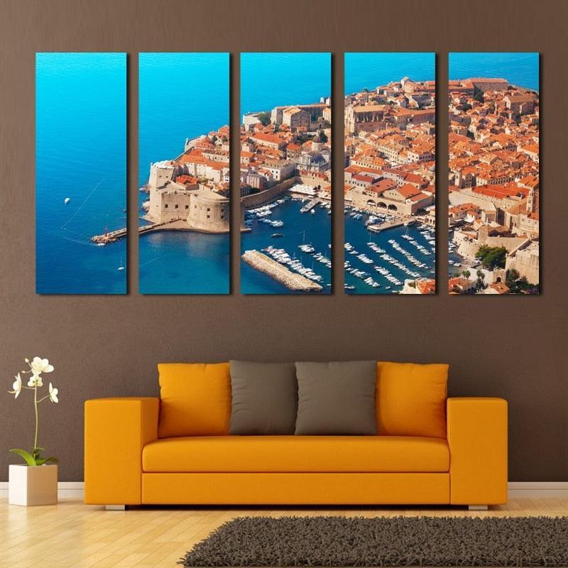 Seaside Building Port 5 Piece HD Multi Panel Canvas Wall Art Frame-Original Frame