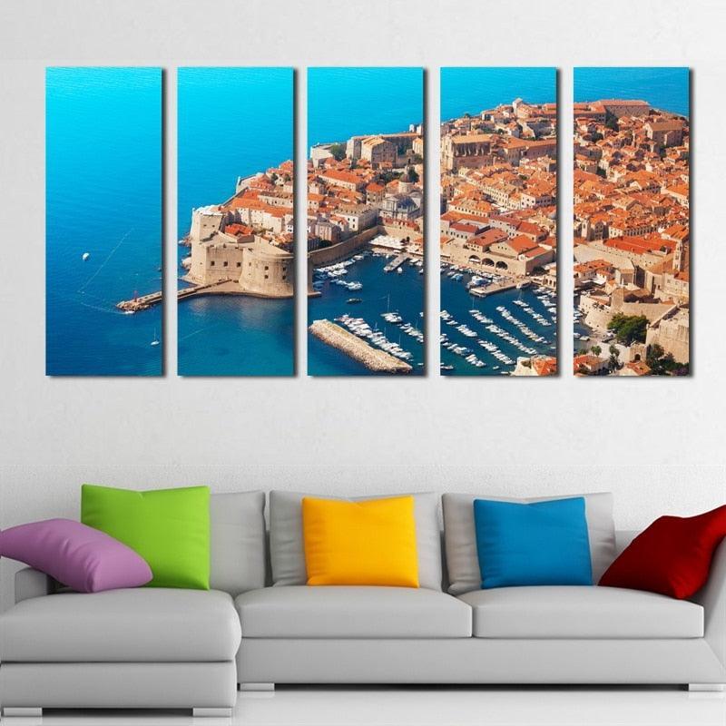 Seaside Building Port 5 Piece HD Multi Panel Canvas Wall Art Frame-Original Frame