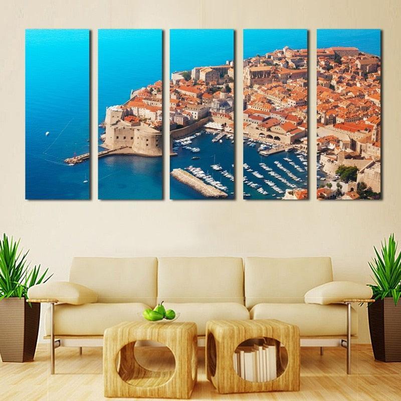 Seaside Building Port 5 Piece HD Multi Panel Canvas Wall Art Frame-Original Frame
