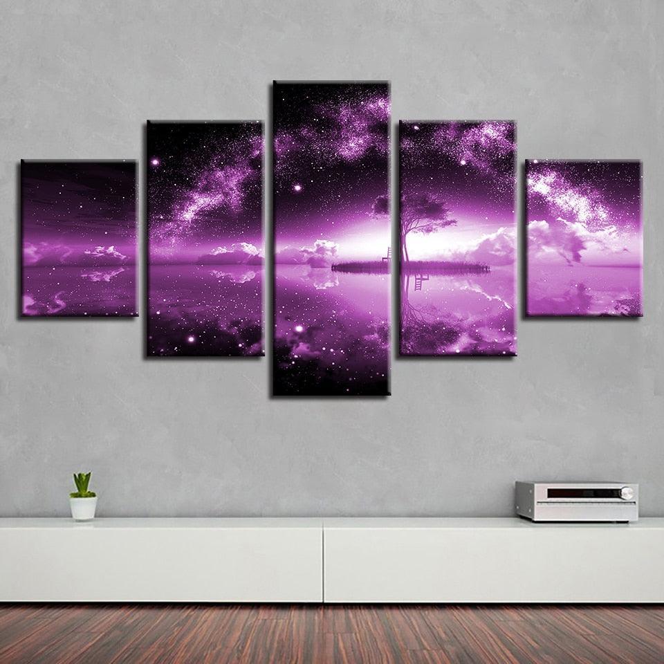 Lonely Tree Under The Starry Sky 5 Piece HD Multi Panel Canvas Wall Art Frame-Original Frame
