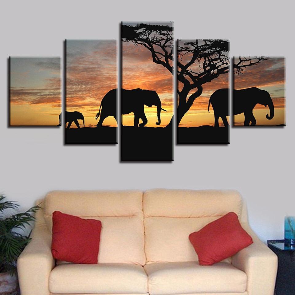 Elephants 5 Piece HD Multi Panel Canvas Wall Art Frame-Original Frame