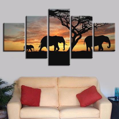Elephants 5 Piece HD Multi Panel Canvas Wall Art Frame-Original Frame