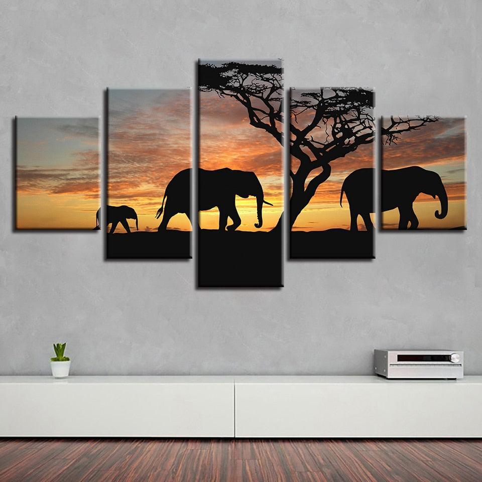 Elephants 5 Piece HD Multi Panel Canvas Wall Art Frame-Original Frame